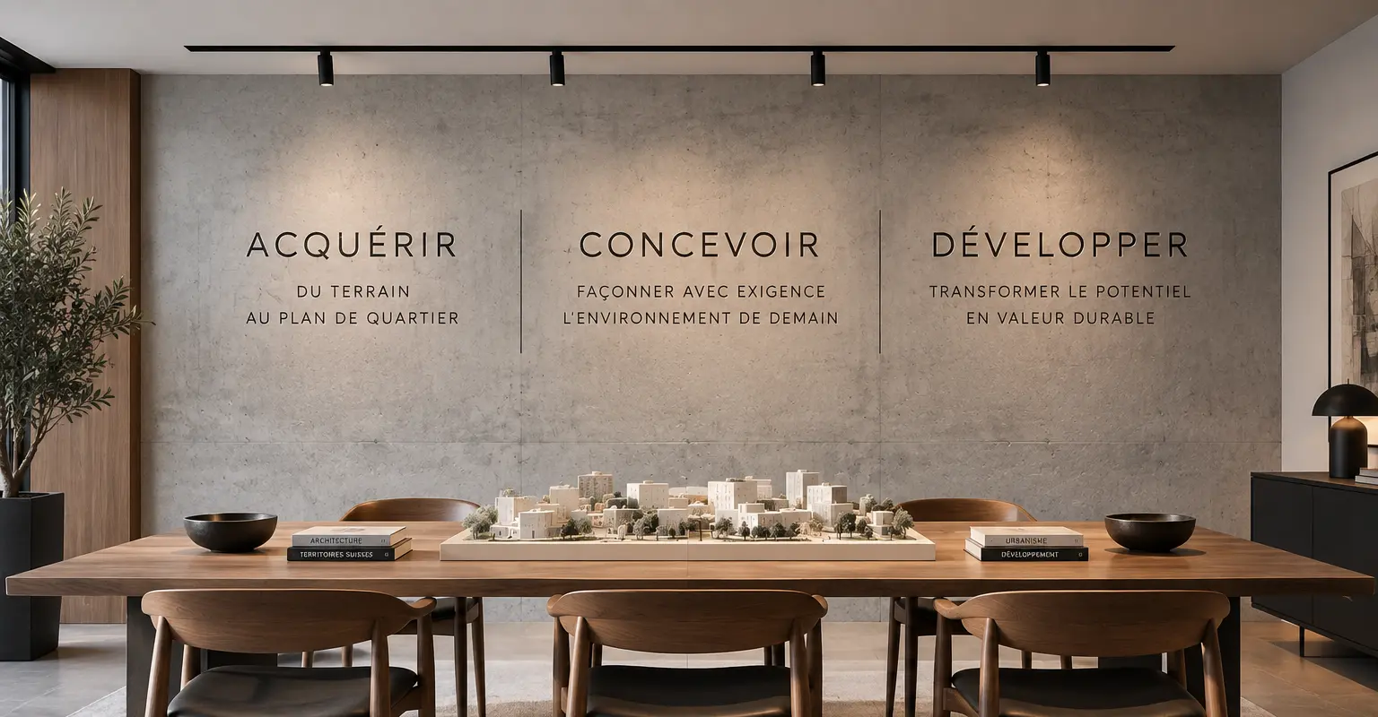 Espace architectural présentant les étapes Acquérir, Concevoir et Développer autour d’une maquette immobilière