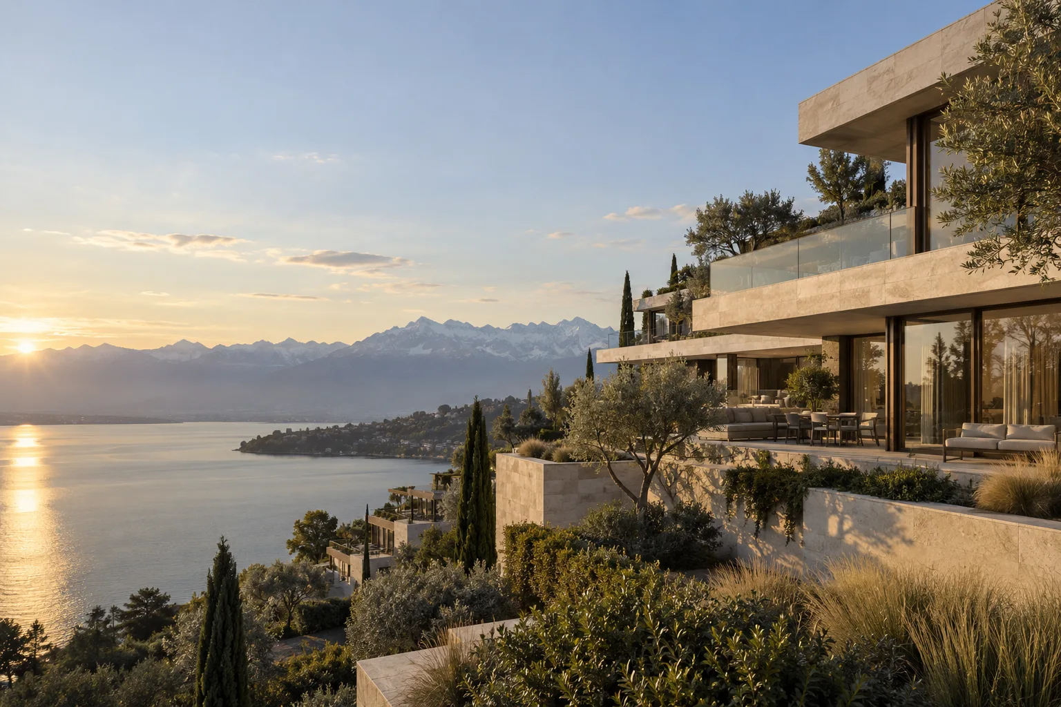 Vision architecturale illustrative d’un ensemble résidentiel face au Léman
